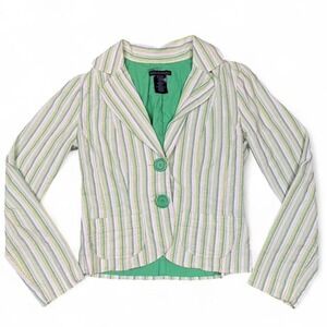 Green & White Striped Cropped Blazer Jacket